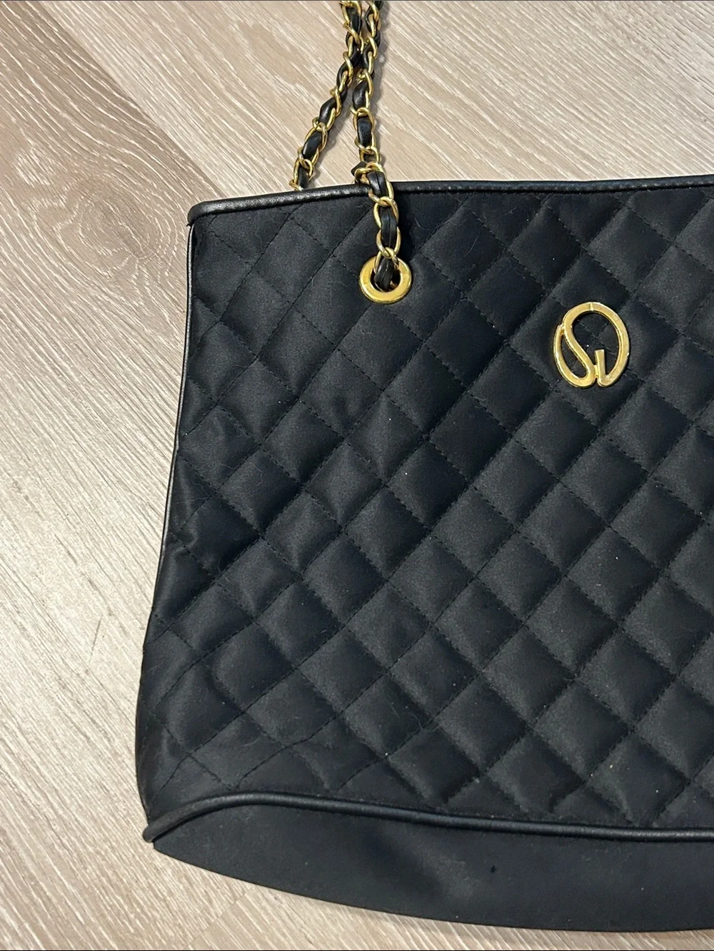 St. John Vintage Black Quilted Chain-Handle Gold Accen Tote Bag
